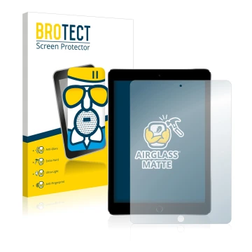 Face avant d’un emballage produit avec le logo de la marque BROTECT. À côté, l’appareil Apple iPad Pro 9.7