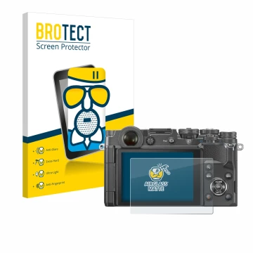 Face avant d’un emballage produit avec le logo de la marque BROTECT. À côté, l’appareil Olympus PEN-F est représenté avec la p