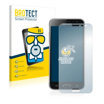 Face avant d’un emballage produit avec le logo de la marque BROTECT. À côté, l’appareil Samsung Galaxy J3 Duos 2016 est représ