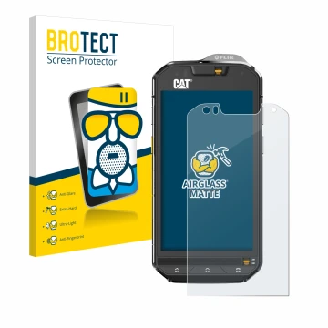 Face avant d’un emballage produit avec le logo de la marque BROTECT. À côté, l’appareil Caterpillar Cat S60 est représenté ave