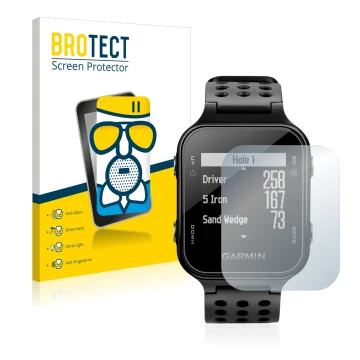 Face avant d’un emballage produit avec le logo de la marque BROTECT. À côté, l’appareil Garmin Approach S20 est représenté ave
