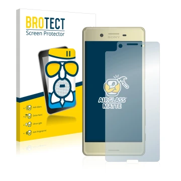 Face avant d’un emballage produit avec le logo de la marque BROTECT. À côté, l’appareil Sony Xperia X est représenté avec la p