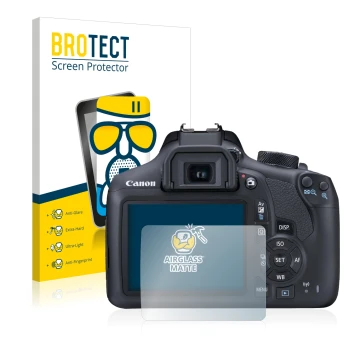 Face avant d’un emballage produit avec le logo de la marque BROTECT. À côté, l’appareil Canon EOS 1300D est représenté avec la