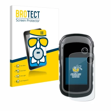 Face avant d’un emballage produit avec le logo de la marque BROTECT. À côté, l’appareil Garmin eTrex 30x est représenté avec l