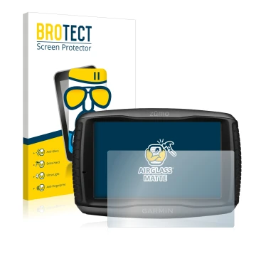 Face avant d’un emballage produit avec le logo de la marque BROTECT. À côté, l’appareil Garmin zumo 595LM est représenté avec 