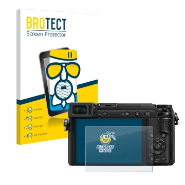Face avant d’un emballage produit avec le logo de la marque BROTECT. À côté, l’appareil Panasonic Lumix DMC-GX80 est représent