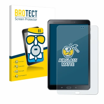 Face avant d’un emballage produit avec le logo de la marque BROTECT. À côté, l’appareil Samsung Galaxy Tab A 10.1 2016 SM-T585