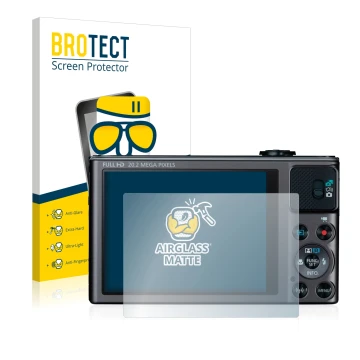 Face avant d’un emballage produit avec le logo de la marque BROTECT. À côté, l’appareil Canon PowerShot SX620 HS est représent