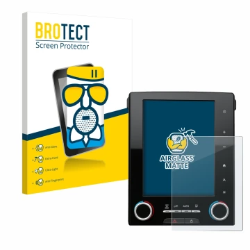 Face avant d’un emballage produit avec le logo de la marque BROTECT. À côté, l’appareil Renault Megane GT R-Link 2 8.7