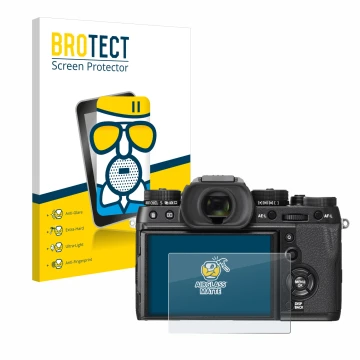 Face avant d’un emballage produit avec le logo de la marque BROTECT. À côté, l’appareil Fujifilm X-T2 est représenté avec la p