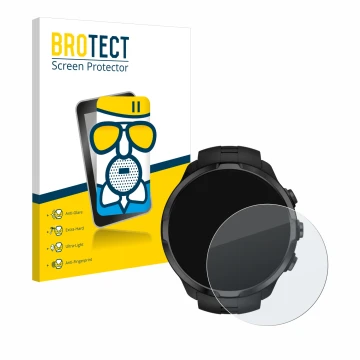 Face avant d’un emballage produit avec le logo de la marque BROTECT. À côté, l’appareil Suunto Spartan Sport Wrist HR est repr