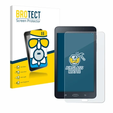 Face avant d’un emballage produit avec le logo de la marque BROTECT. À côté, l’appareil Samsung Galaxy Tab A6 7.0 est représen