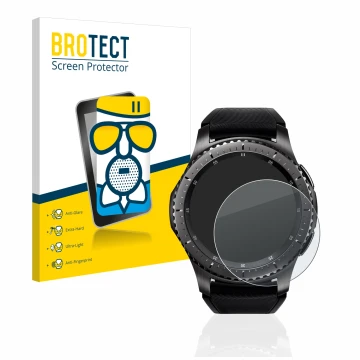 Face avant d’un emballage produit avec le logo de la marque BROTECT. À côté, l’appareil Samsung Gear S3 Frontier est représent