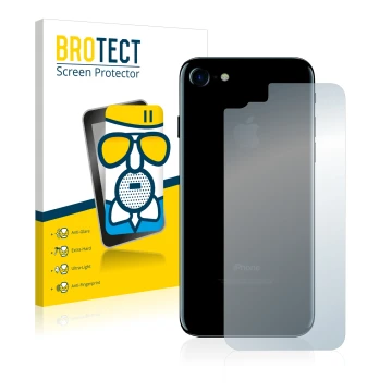 Face avant d’un emballage produit avec le logo de la marque BROTECT. À côté, l’appareil Apple iPhone 7 Le dos (toute la surfac