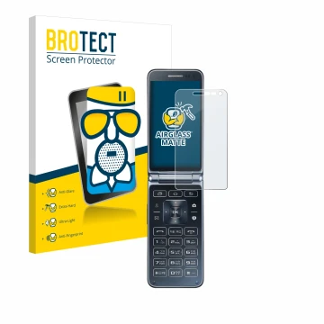 Face avant d’un emballage produit avec le logo de la marque BROTECT. À côté, l’appareil Samsung Galaxy Folder 2 est représenté