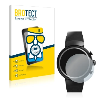 Face avant d’un emballage produit avec le logo de la marque BROTECT. À côté, l’appareil ASUS ZenWatch 3 1.39