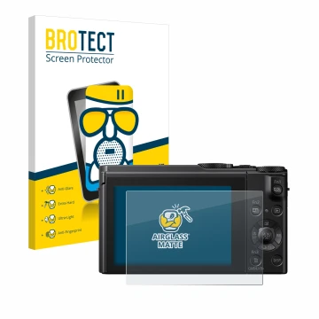 Face avant d’un emballage produit avec le logo de la marque BROTECT. À côté, l’appareil Panasonic Lumix DMC-LX15 est représent