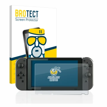 Face avant d’un emballage produit avec le logo de la marque BROTECT. À côté, l’appareil Nintendo Switch est représenté avec la