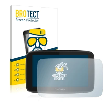 Face avant d’un emballage produit avec le logo de la marque BROTECT. À côté, l’appareil TomTom GO 5200 est représenté avec la 