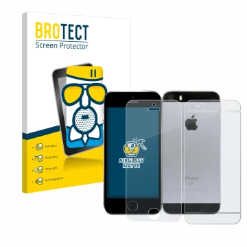 Face avant d’un emballage produit avec le logo de la marque BROTECT. À côté, l’appareil Apple iPhone SE 2016 (Avant+Arrière) e