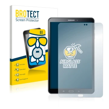 Face avant d’un emballage produit avec le logo de la marque BROTECT. À côté, l’appareil Samsung Galaxy Tab A 10.1 2016 est rep