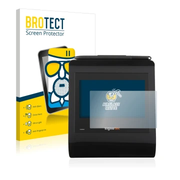 Face avant d’un emballage produit avec le logo de la marque BROTECT. À côté, l’appareil Signotec Signature Pad Gamma est repré