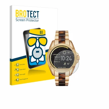 Face avant d’un emballage produit avec le logo de la marque BROTECT. À côté, l’appareil Michael Kors Access Bradshaw est repré