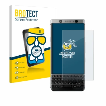 Face avant d’un emballage produit avec le logo de la marque BROTECT. À côté, l’appareil BlackBerry Keyone est représenté avec 