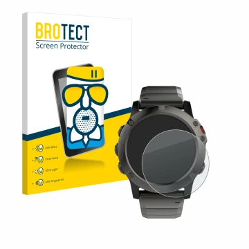 Face avant d’un emballage produit avec le logo de la marque BROTECT. À côté, l’appareil Garmin Fenix 5X (51 mm) est représenté