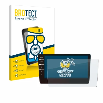 Face avant d’un emballage produit avec le logo de la marque BROTECT. À côté, l’appareil Volkswagen Golf 7 Discover Pro 9.2