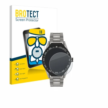 Face avant d’un emballage produit avec le logo de la marque BROTECT. À côté, l’appareil TAG Heuer Connected Modular 45 est rep