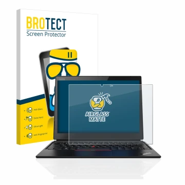 Face avant d’un emballage produit avec le logo de la marque BROTECT. À côté, l’appareil Lenovo ThinkPad X1 Yoga (1ère Gen.) es