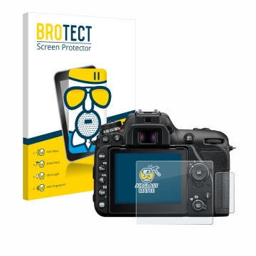 Face avant d’un emballage produit avec le logo de la marque BROTECT. À côté, l’appareil Nikon D7500 est représenté avec la pro