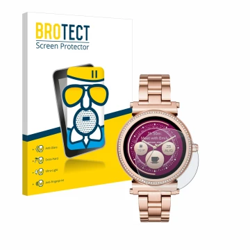 Face avant d’un emballage produit avec le logo de la marque BROTECT. À côté, l’appareil Michael Kors Access Sofie est représen