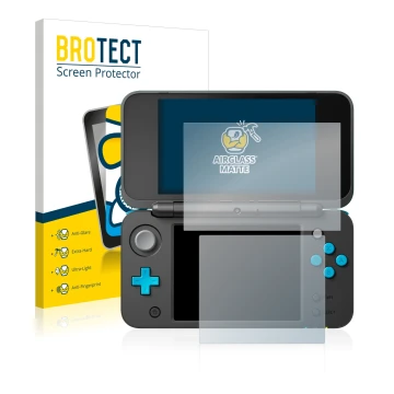Face avant d’un emballage produit avec le logo de la marque BROTECT. À côté, l’appareil Nintendo 2DS XL est représenté avec la
