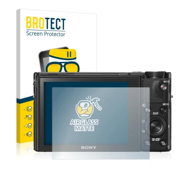 Face avant d’un emballage produit avec le logo de la marque BROTECT. À côté, l’appareil Sony Cyber-Shot DSC-RX100 V est représ