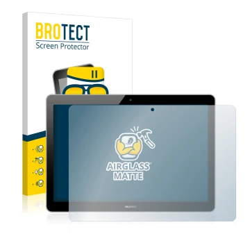 Face avant d’un emballage produit avec le logo de la marque BROTECT. À côté, l’appareil Huawei MediaPad T3 10 est représenté a