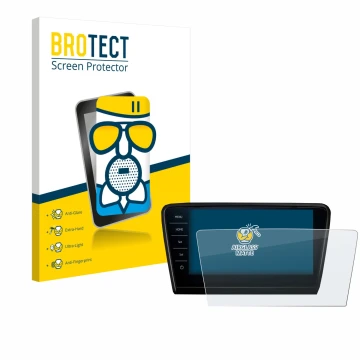 Face avant d’un emballage produit avec le logo de la marque BROTECT. À côté, l’appareil Skoda Octavia 2017 Infotainment System