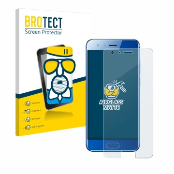 Face avant d’un emballage produit avec le logo de la marque BROTECT. À côté, l’appareil Honor 9 est représenté avec la protect