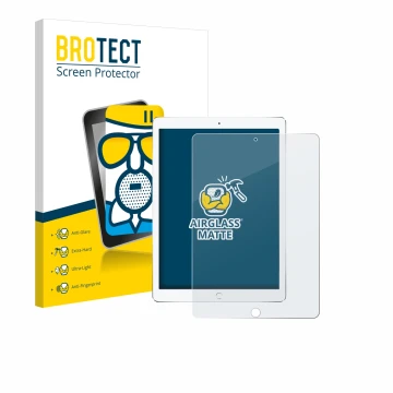 Face avant d’un emballage produit avec le logo de la marque BROTECT. À côté, l’appareil Apple iPad Pro 10.5