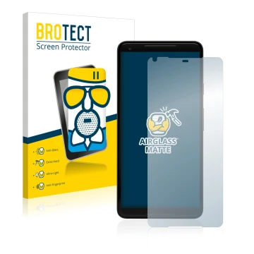 Face avant d’un emballage produit avec le logo de la marque BROTECT. À côté, l’appareil Google Pixel 2 XL est représenté avec 