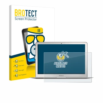 Face avant d’un emballage produit avec le logo de la marque BROTECT. À côté, l’appareil Apple MacBook Air 13