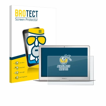 Face avant d’un emballage produit avec le logo de la marque BROTECT. À côté, l’appareil Apple MacBook Air 13