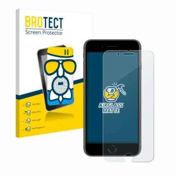 Face avant d’un emballage produit avec le logo de la marque BROTECT. À côté, l’appareil Apple iPhone 8 Plus est représenté ave