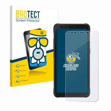 Face avant d’un emballage produit avec le logo de la marque BROTECT. À côté, l’appareil Samsung Galaxy S8 Active est représent