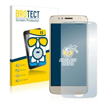 Face avant d’un emballage produit avec le logo de la marque BROTECT. À côté, l’appareil Motorola Moto G5S est représenté avec 