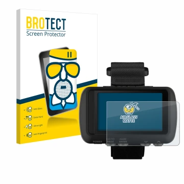 Face avant d’un emballage produit avec le logo de la marque BROTECT. À côté, l’appareil Garmin Foretrex 601 est représenté ave