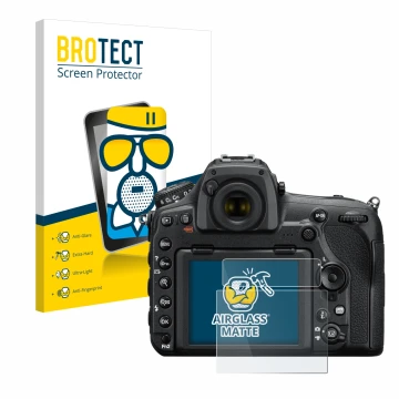 Face avant d’un emballage produit avec le logo de la marque BROTECT. À côté, l’appareil Nikon D850 est représenté avec la prot