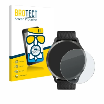 Face avant d’un emballage produit avec le logo de la marque BROTECT. À côté, l’appareil Garmin vivomove HR est représenté avec