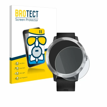 Face avant d’un emballage produit avec le logo de la marque BROTECT. À côté, l’appareil Garmin vivoactive 3 est représenté ave